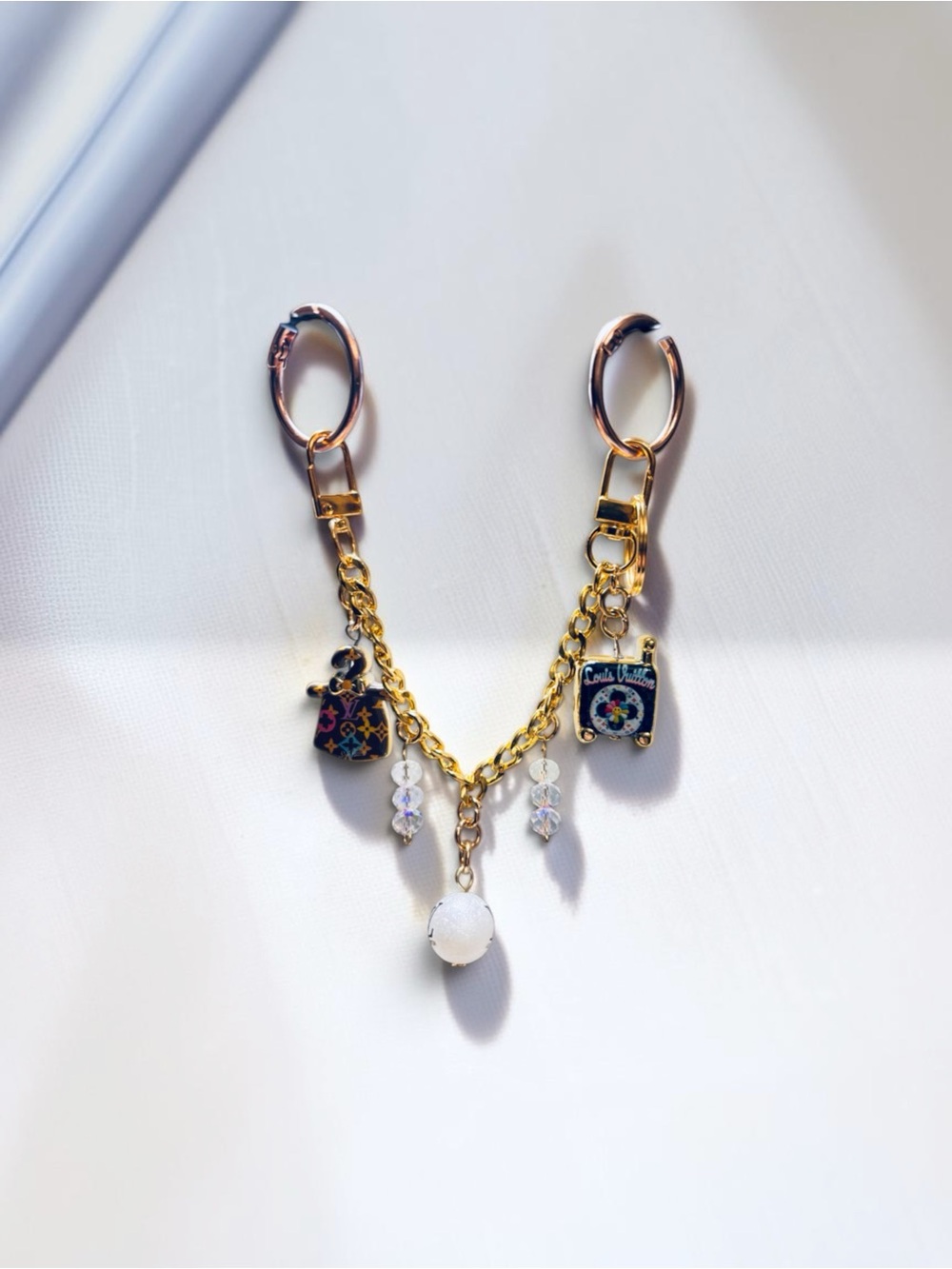Brand New Luxury Monogram Crystal & Pearl Bag Drape Chain Charm